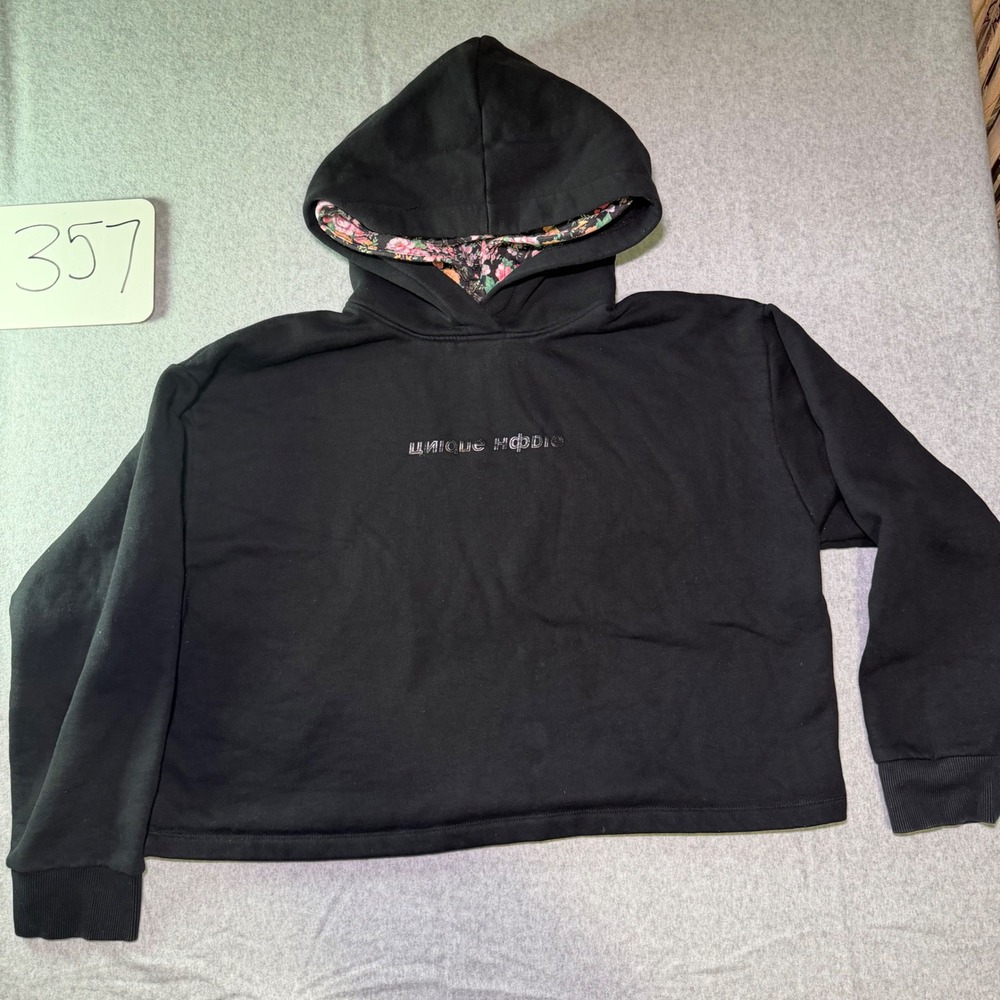 Zara Women Black Cropped Hoodie Floral Lined Hood Unique Hoodie Graphic Large
